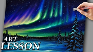 northern lights acrylic painting lessons aurora borealis landscape step night stars paintings paint beginners lesson easy tutorial tutorials canvas winter