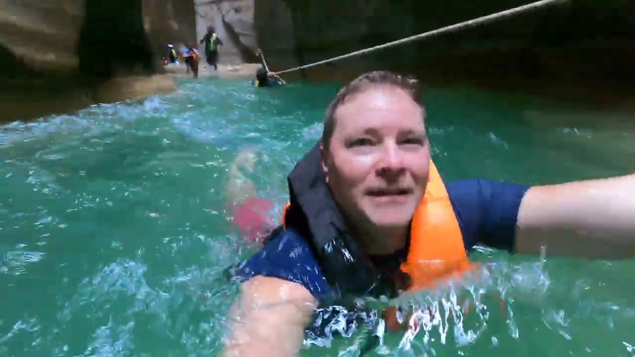 Wadi Mujib, Jordan hiking and obstacle course to waterfall.