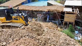 Perfectly Bulldozer Shantui Operator Push Stone Landfill into Flood Area With Dump Truck 10Wheel