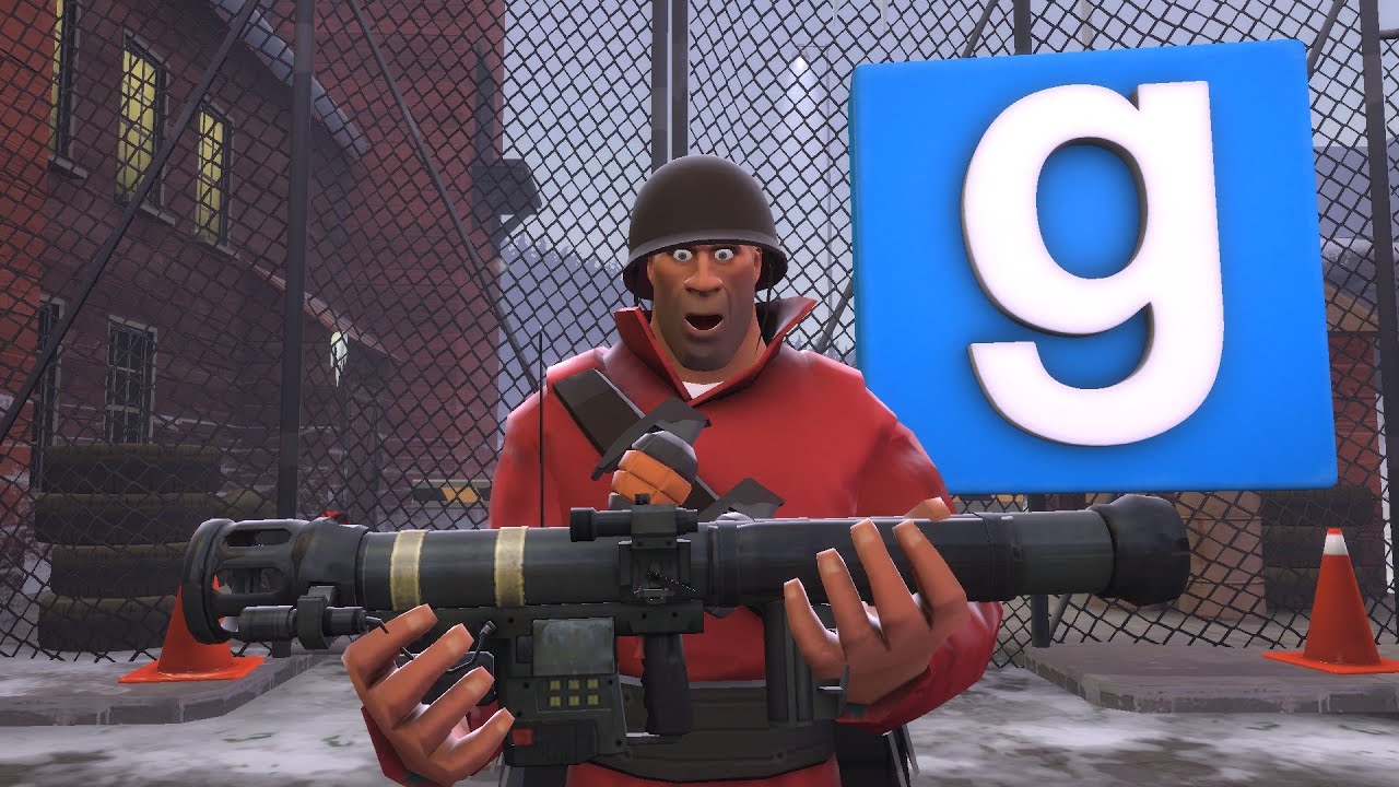 Солдат пытается рокетджампить в Garry's mod но чет не получилось.