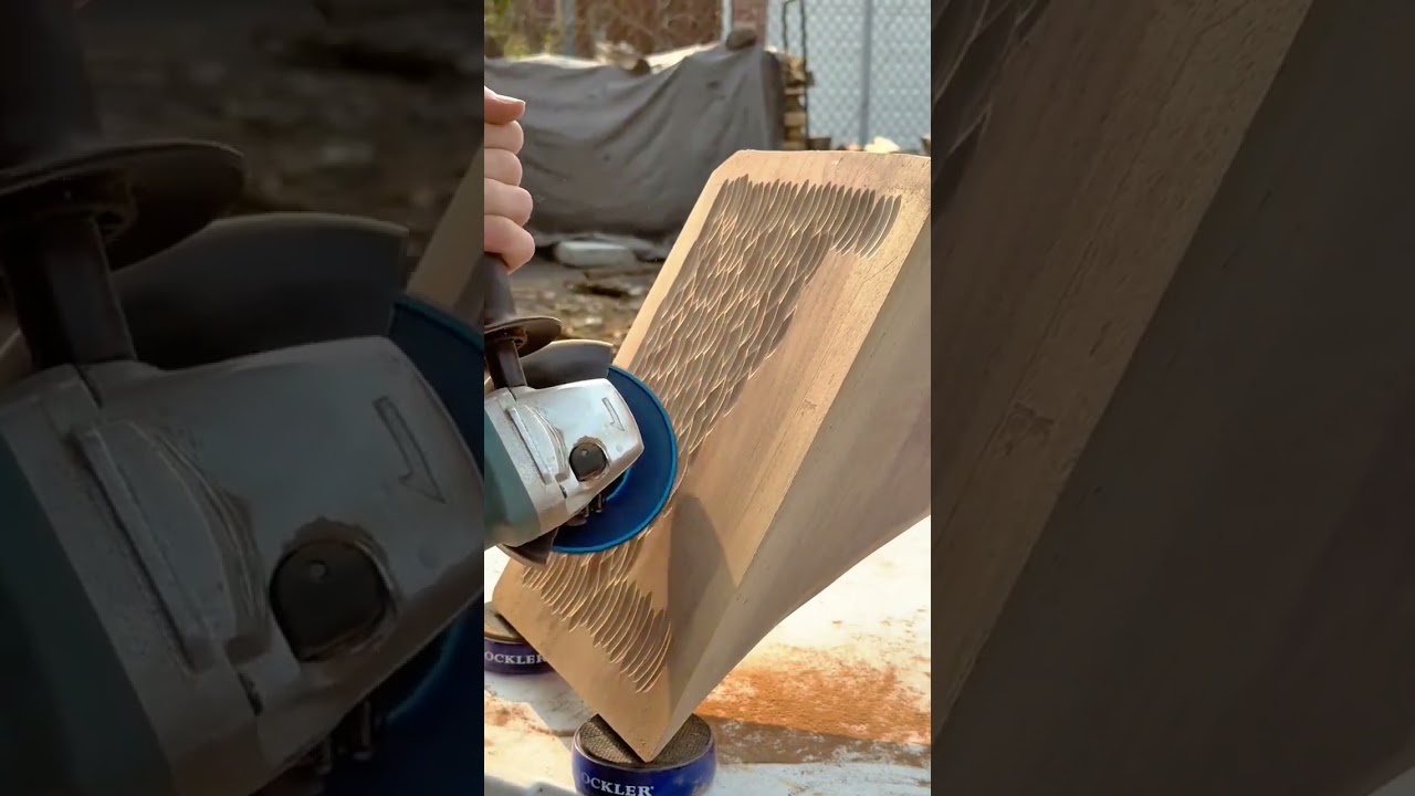Angle Grinder Carving Wavy Textures Into Wooden Planks For Decorative Interior Designs