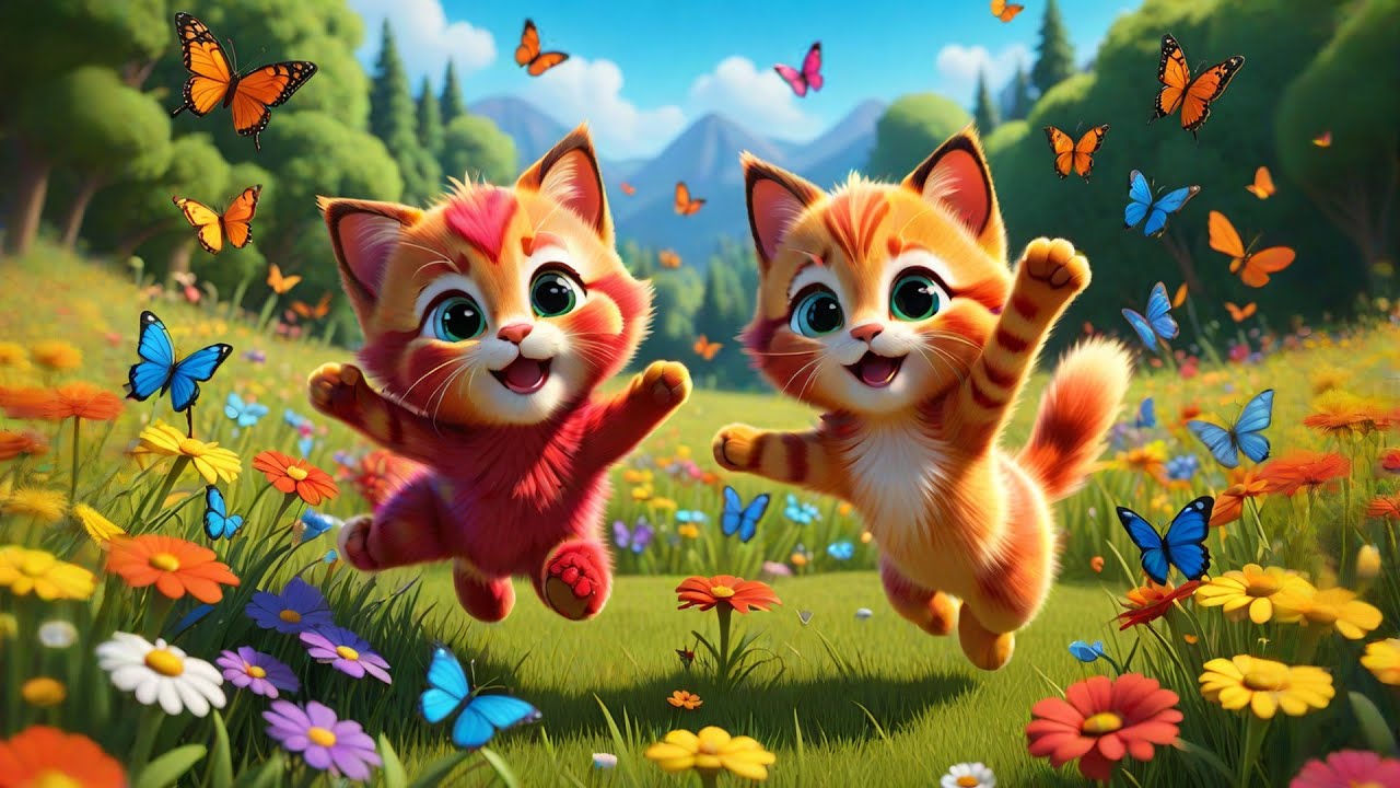 Four Rainbow Kittens Catch Butterflies | Colorful Cat Song for Kids | Nursery Rhymes and  Learning