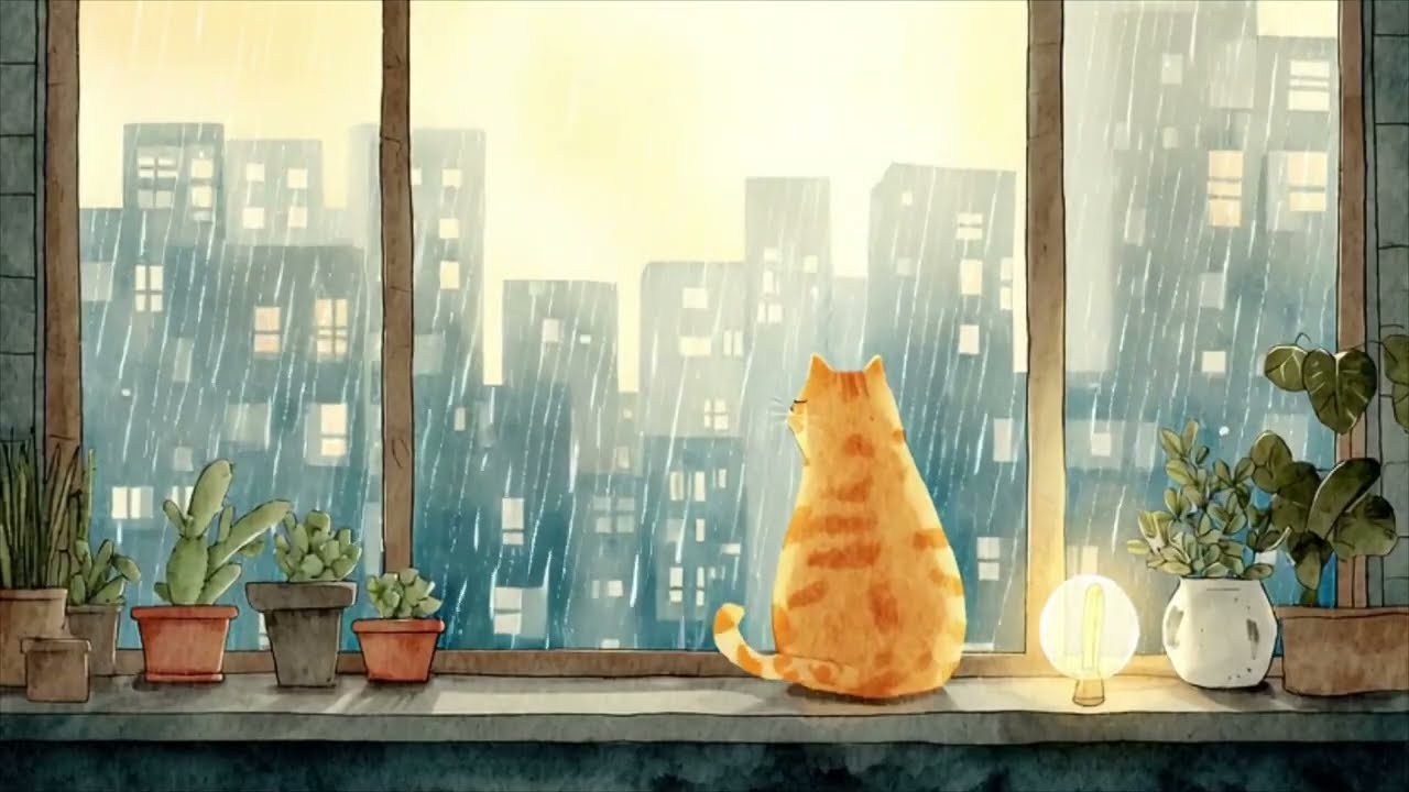 Peaceful Piano Music for Study, Focus and Deep Work | Night Rain Balcony Cat