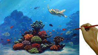 Acrylic Painting Tutorial / Sea Turtle with Underwater Corals