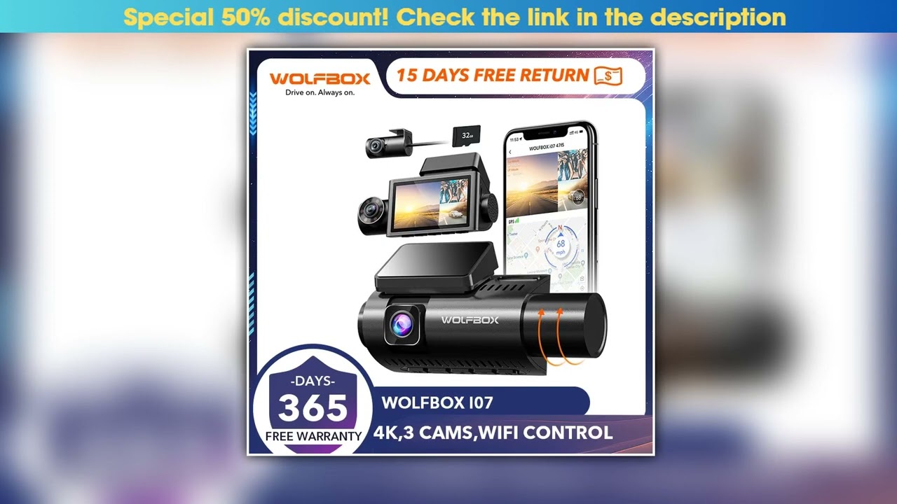 WOLFBOX I07 Dash Cam 3 Channel Dash Camera for Car Front and Rear 4K Dash Camera with GPS WiFi Car