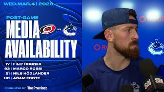 Hronek, Rossi, Höglander & Adam Foote Post-Game Media | Canucks vs. Hurricanes (Mar 4, 2026)