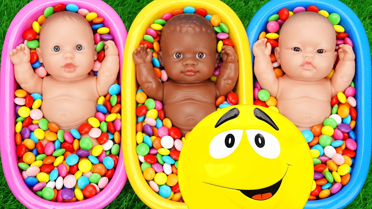 Full of 3 Rainbow BathTubs Candy with M&M's & Magic Slime Cutting Video