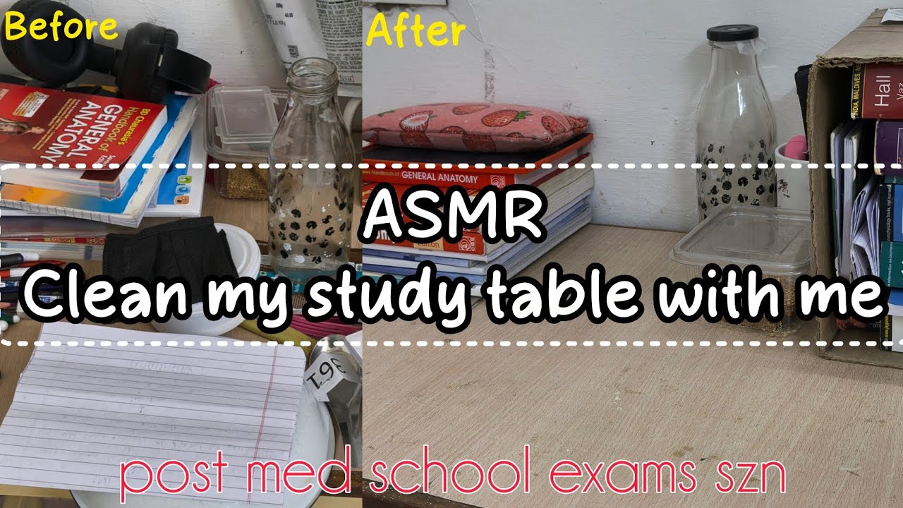 Lofi ASMR - clean my study table with me | post med exams szn | hostel ambience sounds | 🩷