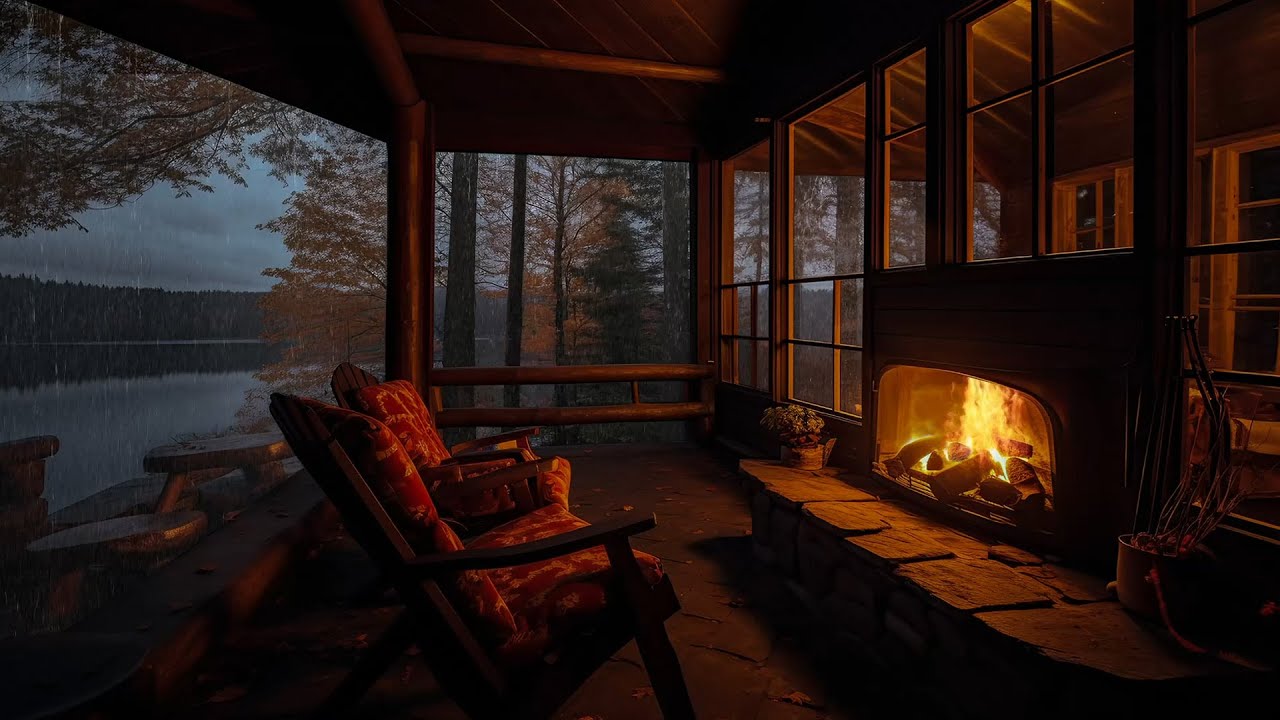 Rain fall by the lake in Cozy Cabin Porch with a Fireplace for a Good ...