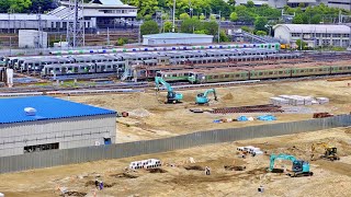 【大阪メトロ / 森之宮検車場に新駅】2023年5月15日（月）ショベルカーで整地を行う！車庫には新旧様々な車両が並ぶ。