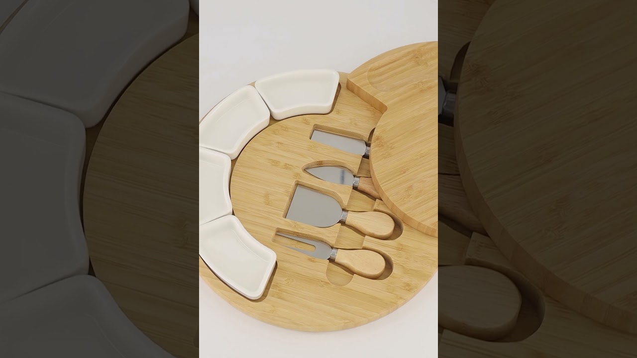 Premium Bamboo Cheese Board Set with Ceramic Bowls and Cheese Knives