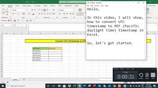 Convert UTC time to PDT (Pacific Daylight Time) time in Excel