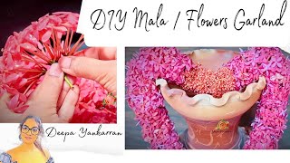 Making a mala (flower garland) with Ixoras( used for puja) ||Deepa Yankarran ||DIY