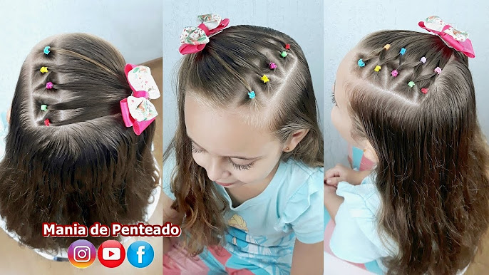 Penteado Infantil tiara de ligas com cabelo solto ou amarração. 