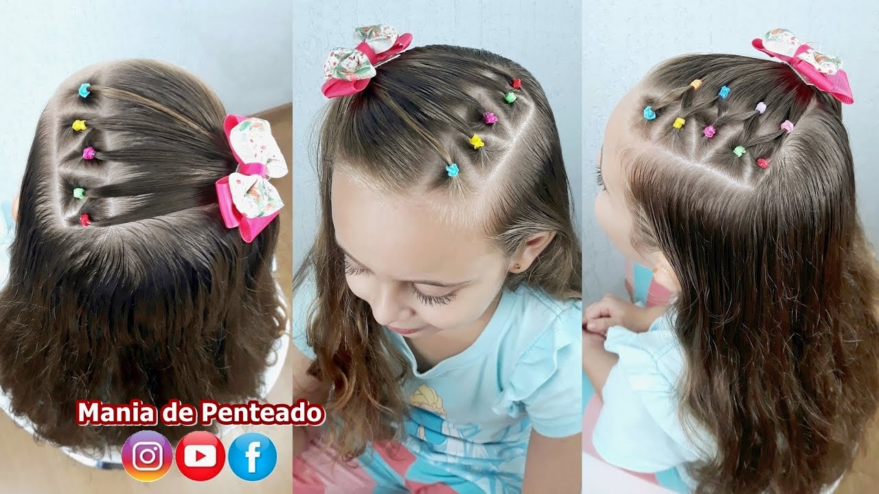 Penteado Infantil fácil em triângulos com ligas | Easy hairstyle with  rubber band for girls دیدئو dideo