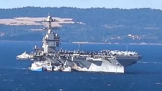 Aircraft carrier USS Gerald R Ford (CVN-78) at anchor in Split harbor, Croatia for repairs. (3/2026)