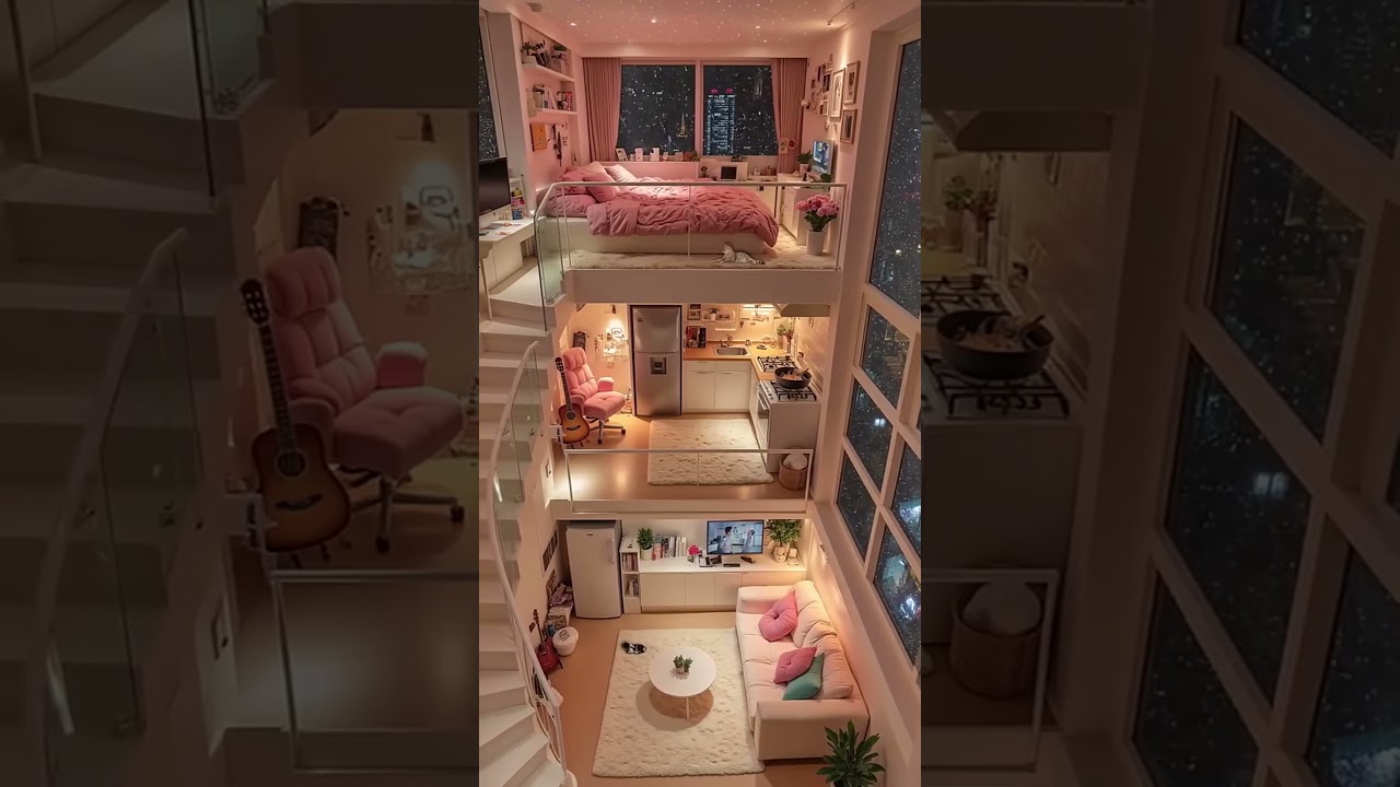 A Dreamy Three-Story Loft with Soft Pink Aesthetic, Cozy Atmosphere, and Stunning Night Views ✨🏡🌙