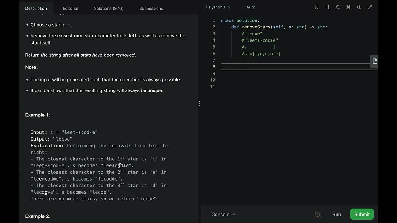 Leetcode 2390 Removing Stars From a String, Python, Medium, Stack - YouTube