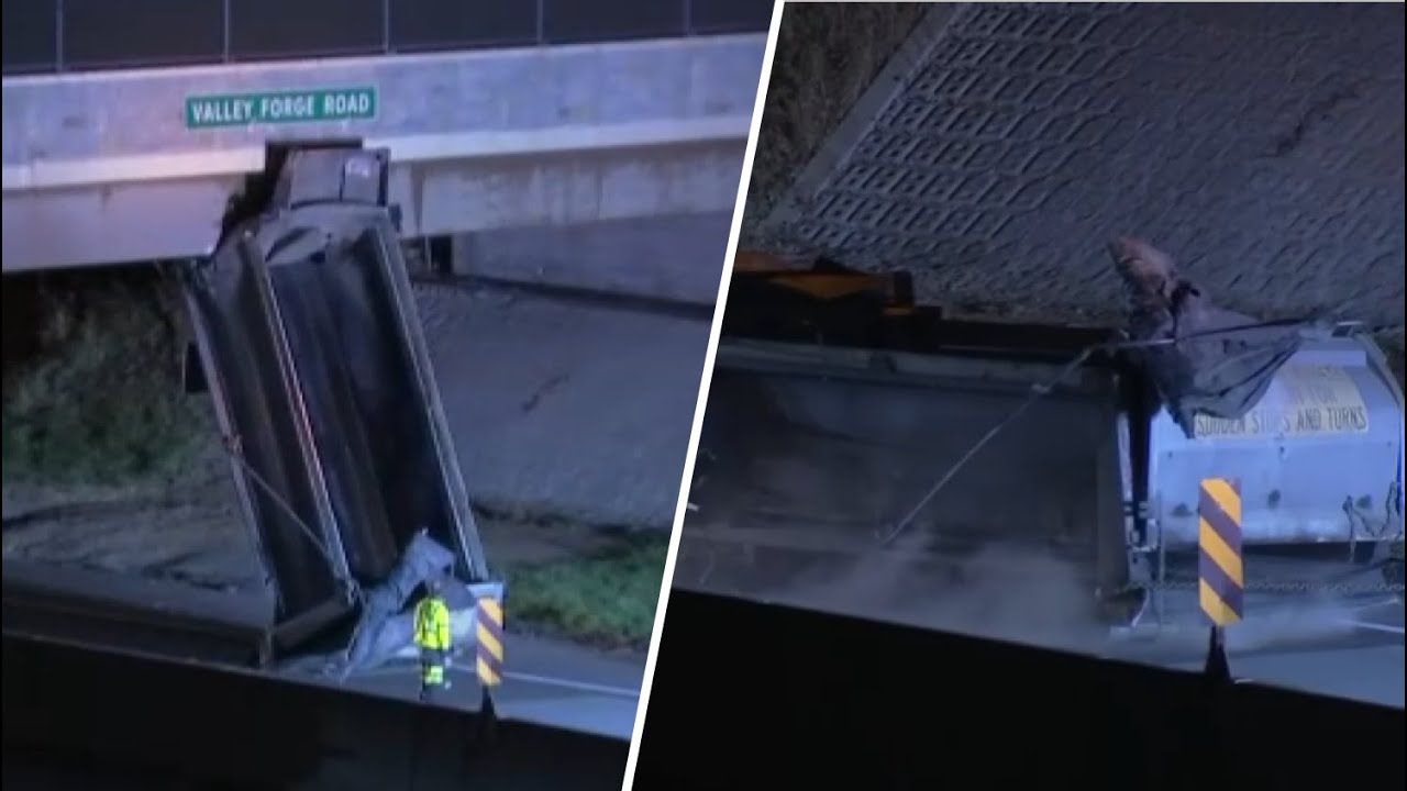 Dump truck bed strikes overpass along I-76 in King of Prussia - YouTube