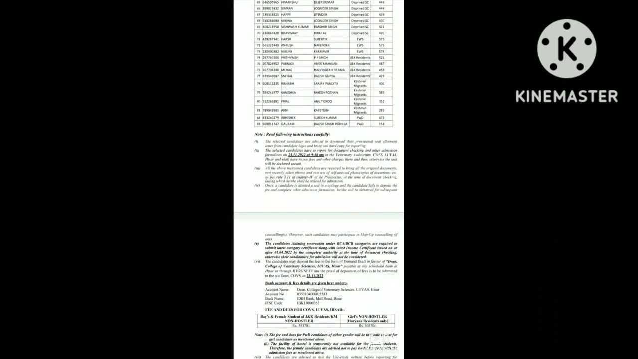 LUVAS hisar bvsc and ah round 1 cutoff 2022-23
