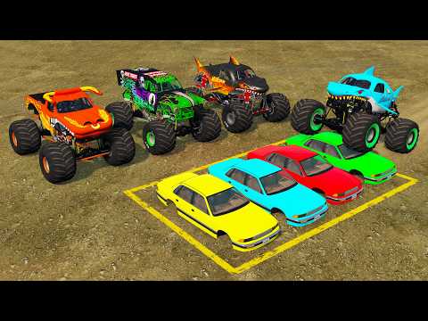 Monster Trucks Transport on Double Flatbed Trailer with Slide Color | Car vs Speed bump | BeamNG #30