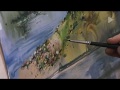 Утес над рекой. Рисует акварелью художник Ион Каркелан  в технике по мокрой бумаге.