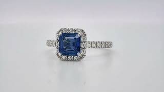 Cushion-Cut Sapphire and Diamond Halo Ring in 18K White Gold