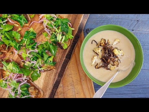 Roasted Cauliflower Soup and Parsley Salad Bruschetta