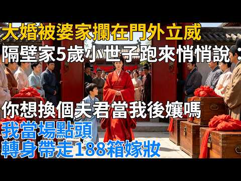 大婚被婆家拦在门外立威，隔壁家5岁小世子跑来悄悄说：你想换个夫君当我后娘吗？我当场点头，转身带走188箱嫁#重生 #复仇#打脸逆袭#浴火归来