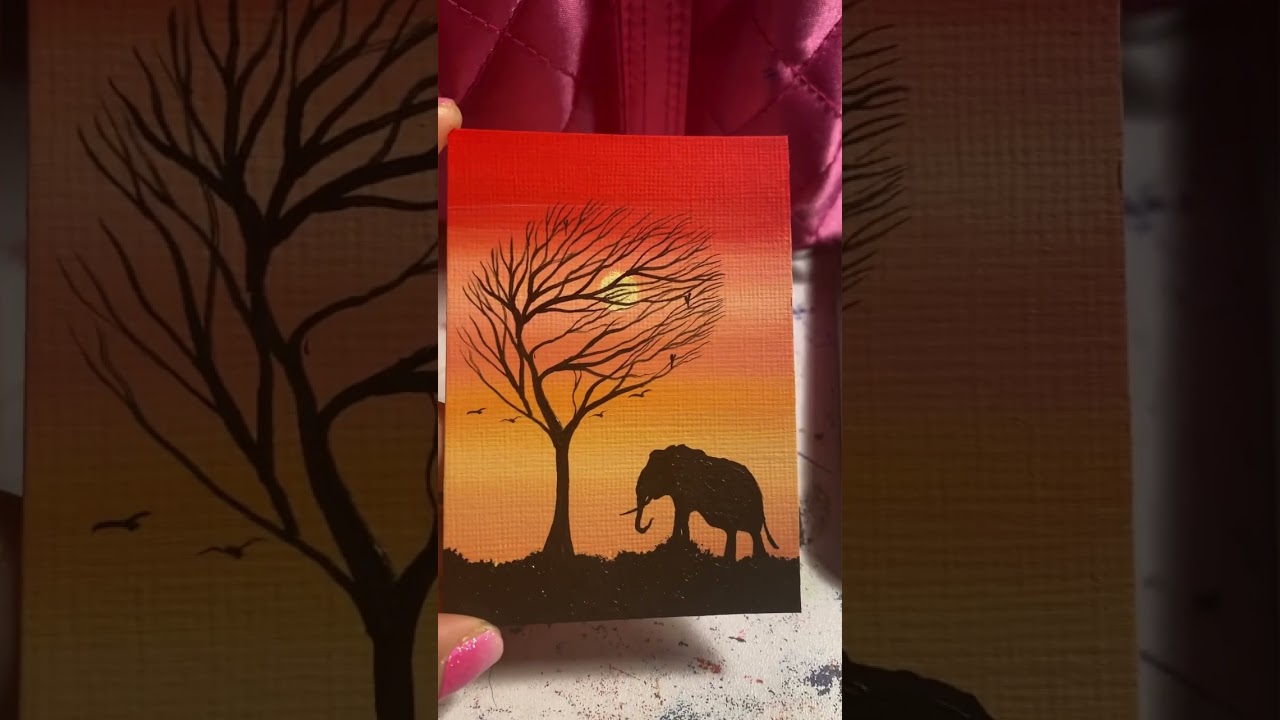 ACRYLIC MINI SUNSET AFRICA ELEPHANT PAINTING | Miniature Wildlife Art