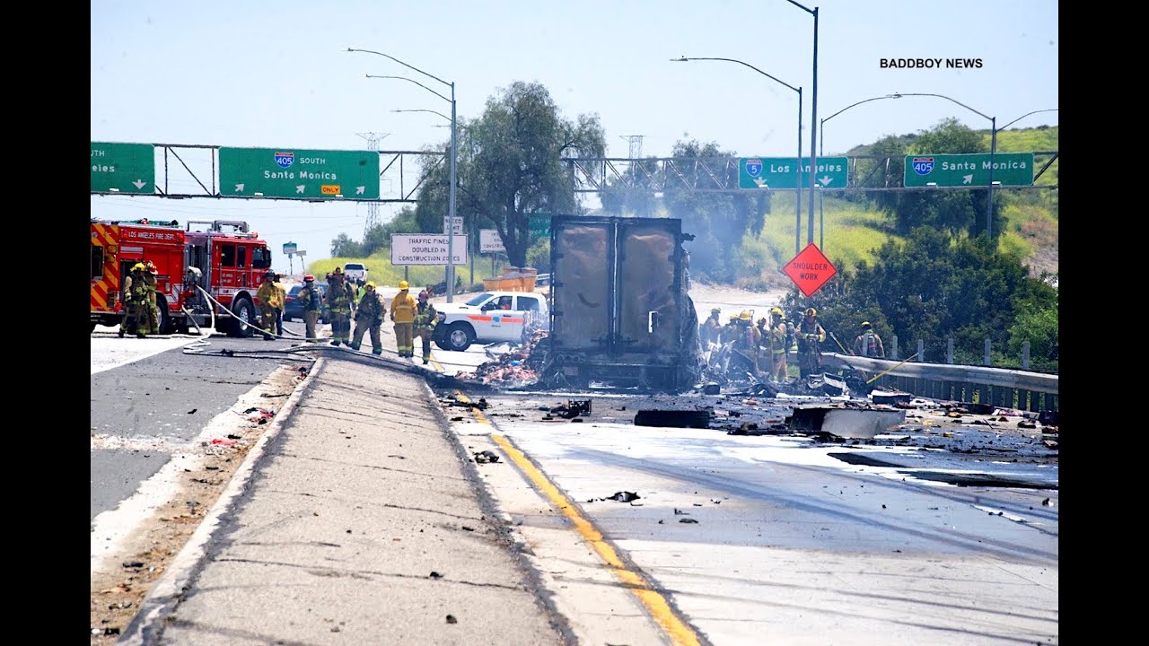 Fiery big rig crash grid-locks the traffic on the 5 freeway lanes at ...