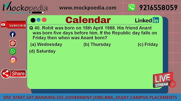 MockoPedia calender practice Q40:Rohit was born on 15th April 1988. His friend Anant was born five..