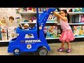 Funny Kid and Baby Doll in Supermarket Playing Hide and Seek / Pretend Play