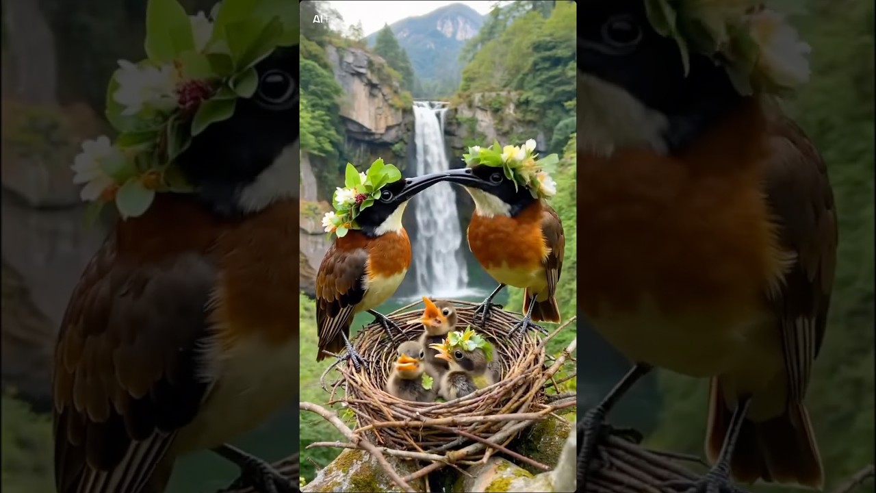 Relaxing Bird Family at the Waterfall | Nature Sounds & Peaceful Moments 