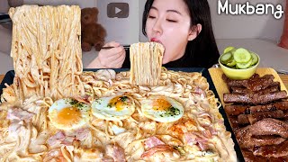 พาสต้าครีมกุ้งเผ็ดและสเต็กเนื้อวัวㅣ pasta & steak REAL MUKBANG▶EATINGSHOWㅣREAL SOUNDㅣ ASMR MUKBANGㅣ