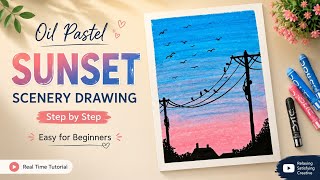 Easy Oil Pastel Sunset Scenery Drawing 🌅 | Step by Step Tutorial for Beginners