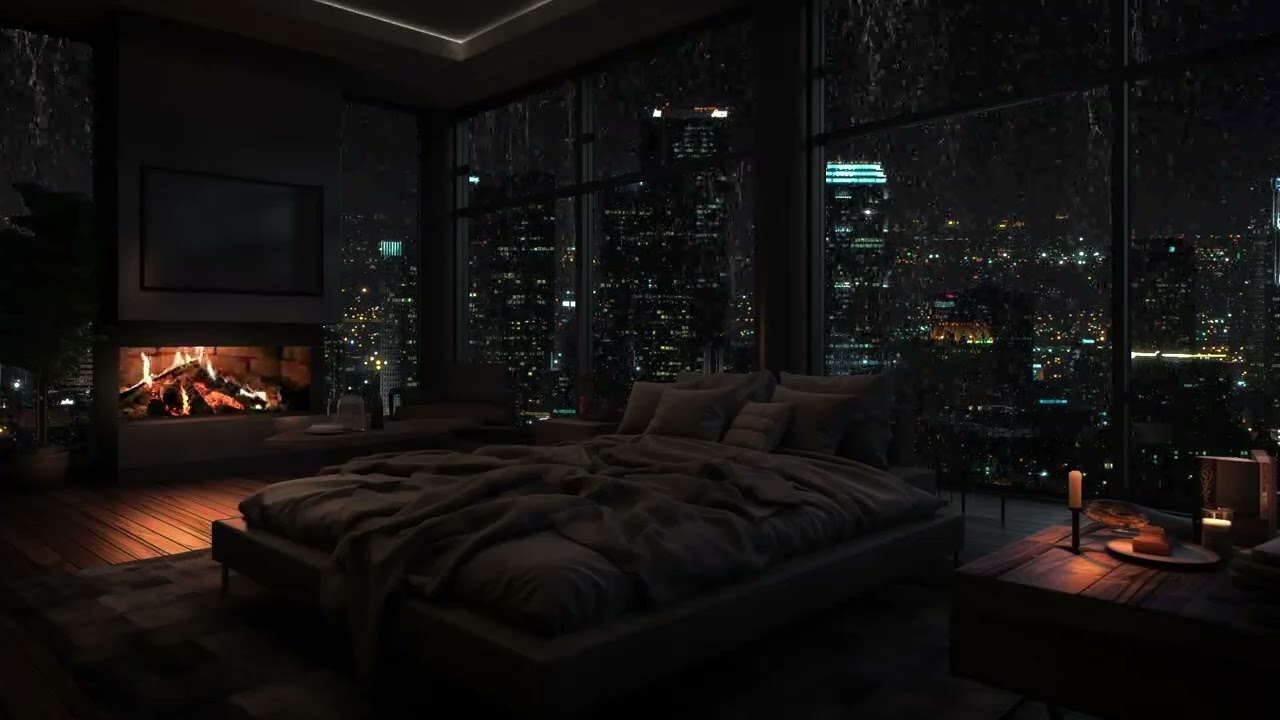 City Rain Sounds at Night – Cozy Fireplace Ambience for Deep Sleep and Relaxation