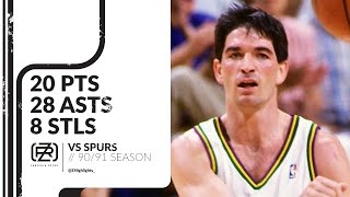 John Stockton 20 pts 28 asts 8 stls vs Spurs 90\/91 season