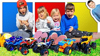 Toy Monster Trucks and Kids Ramp and Race Down a Hill