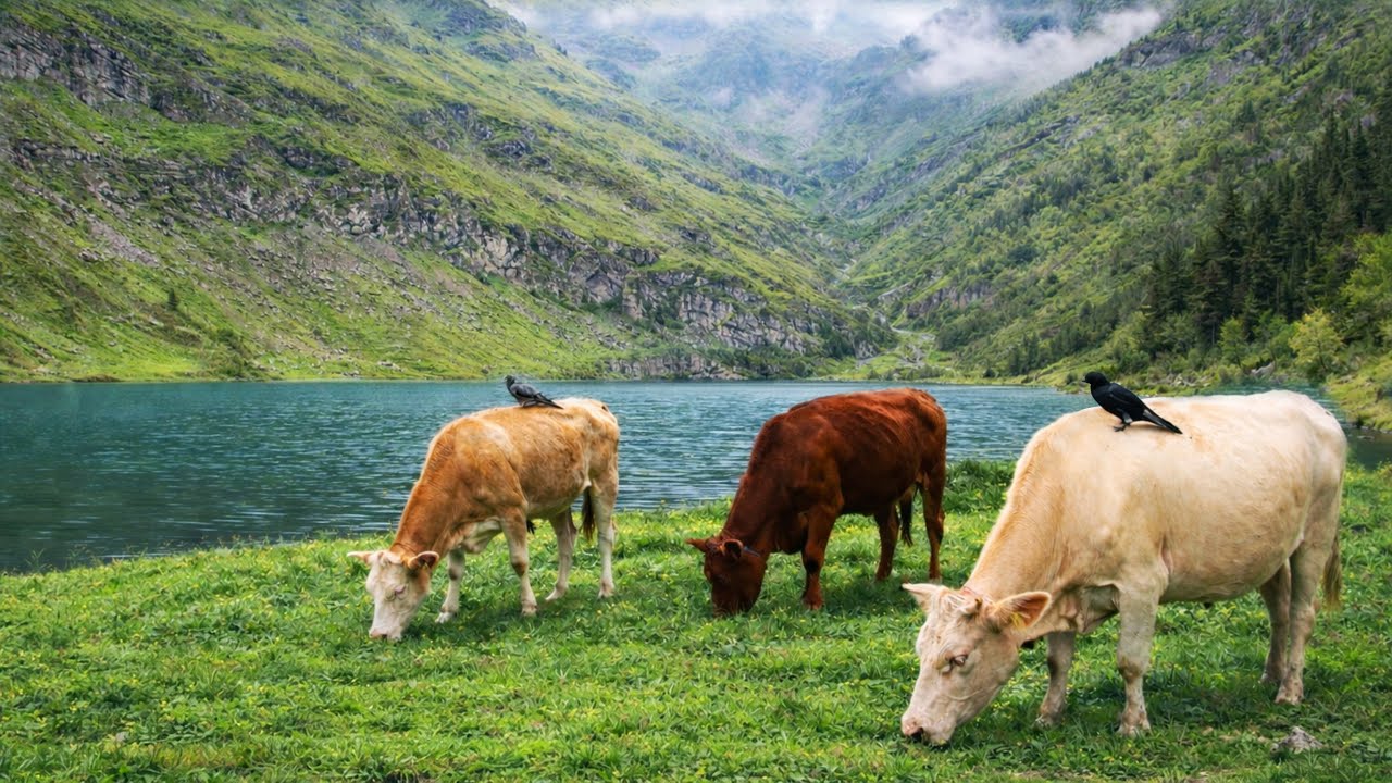 Cows Grazing by a Mountain Lake 🌿 Calm Music | Peaceful Wildlife Views