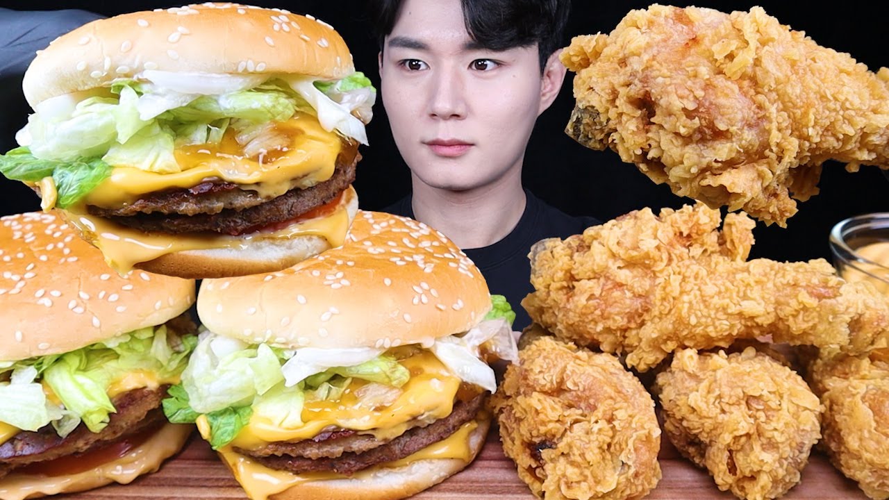 더블 치즈버거 치킨 먹방ASMR MUKBANG DOUBLE CHEESEBURGERS & FRIED CHICKEN チキン チーズバーガー eating sounds
