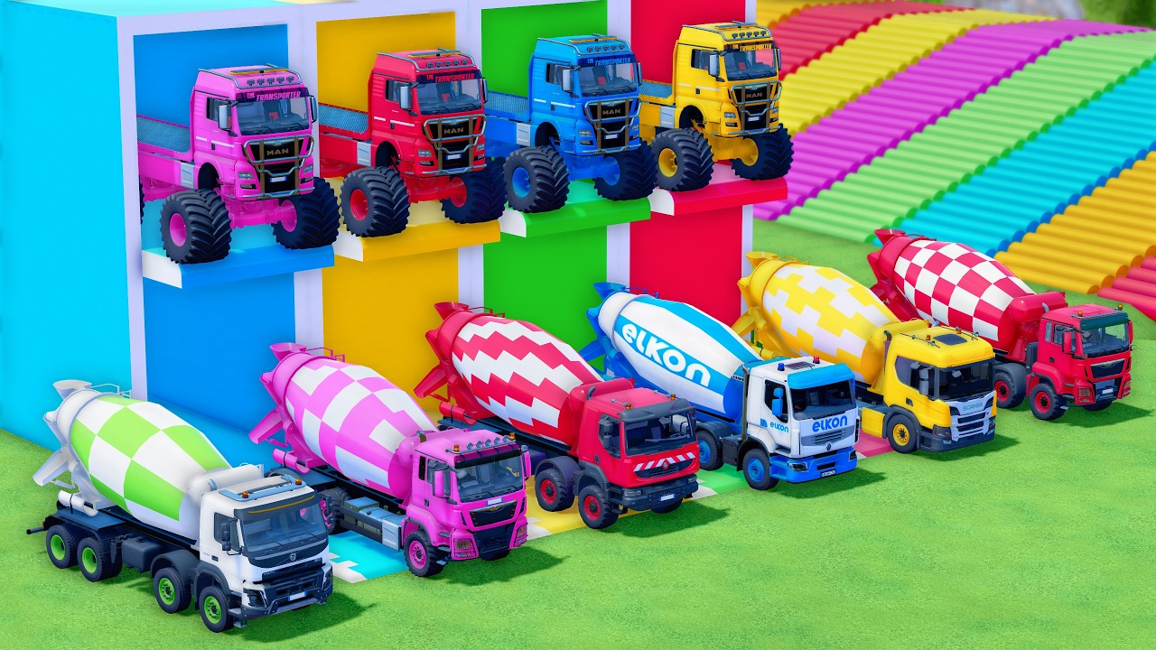 MONSTER FLATBED TRUCK LONG CONVOY TRANSPORT OF COLORS! ALL  MIXER TRUCKS, SCANIA, MAN, VOLVO ! FS22