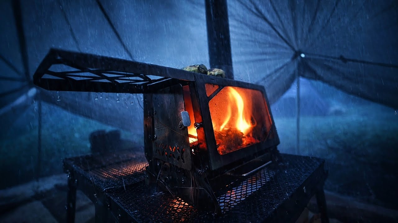 Warm in Pyramid Tent Camping in Heavy Rain in the Wood - Relaxing Cozy ...