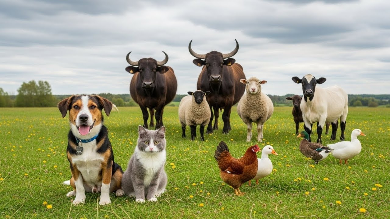 Cute Farm Animals Eating Food Elephant, Duckling, Buffalo, Sheep, Horse, Cow  Animal Sounds
