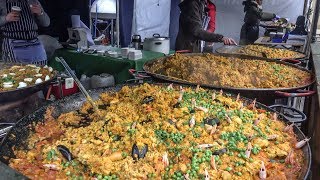 Street Food of London Bridge Market. Huge Paellas, Wild Boar Big Burgers, Coloured Pasta and More
