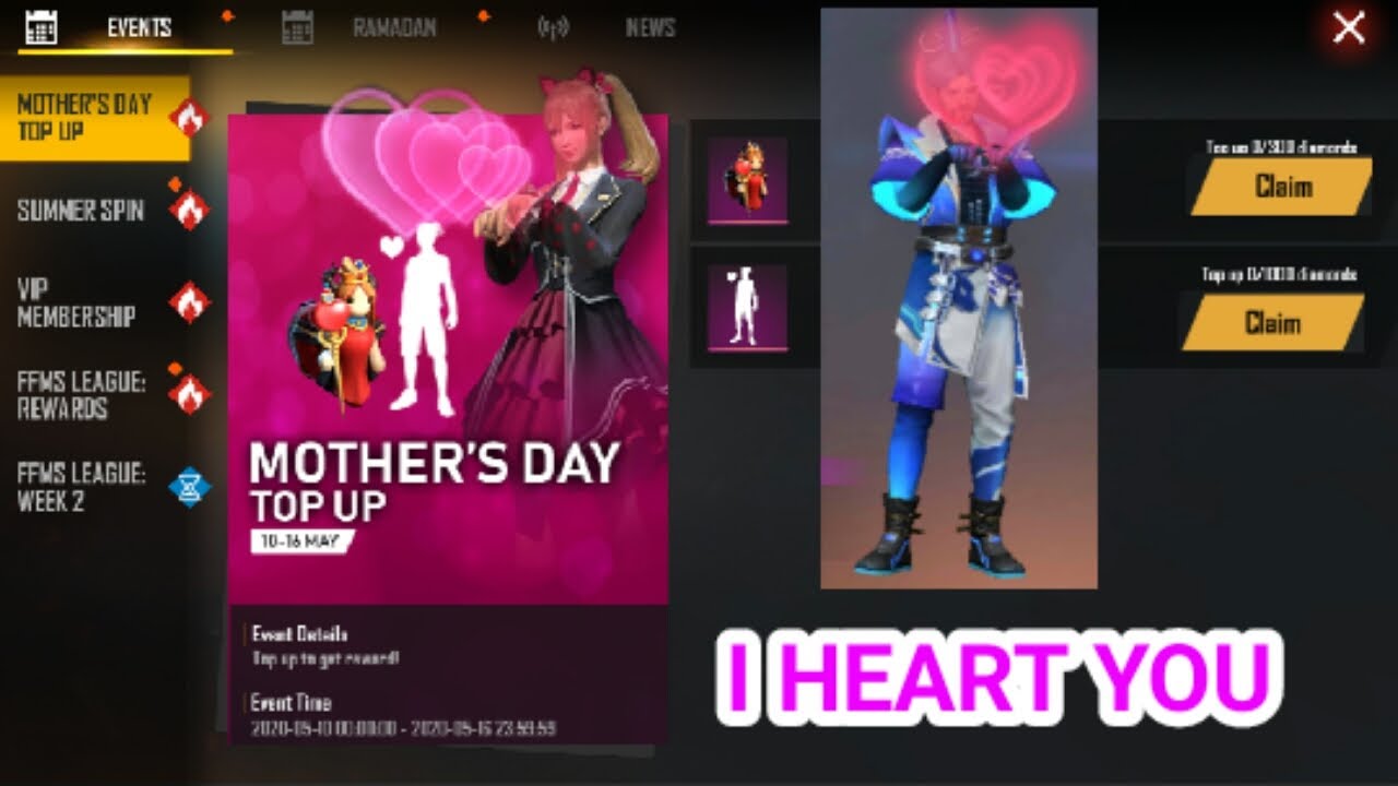 Mother S Day Top Up Event In Free Fire 1000 Diamond Top Up And Get I Heart You Emote