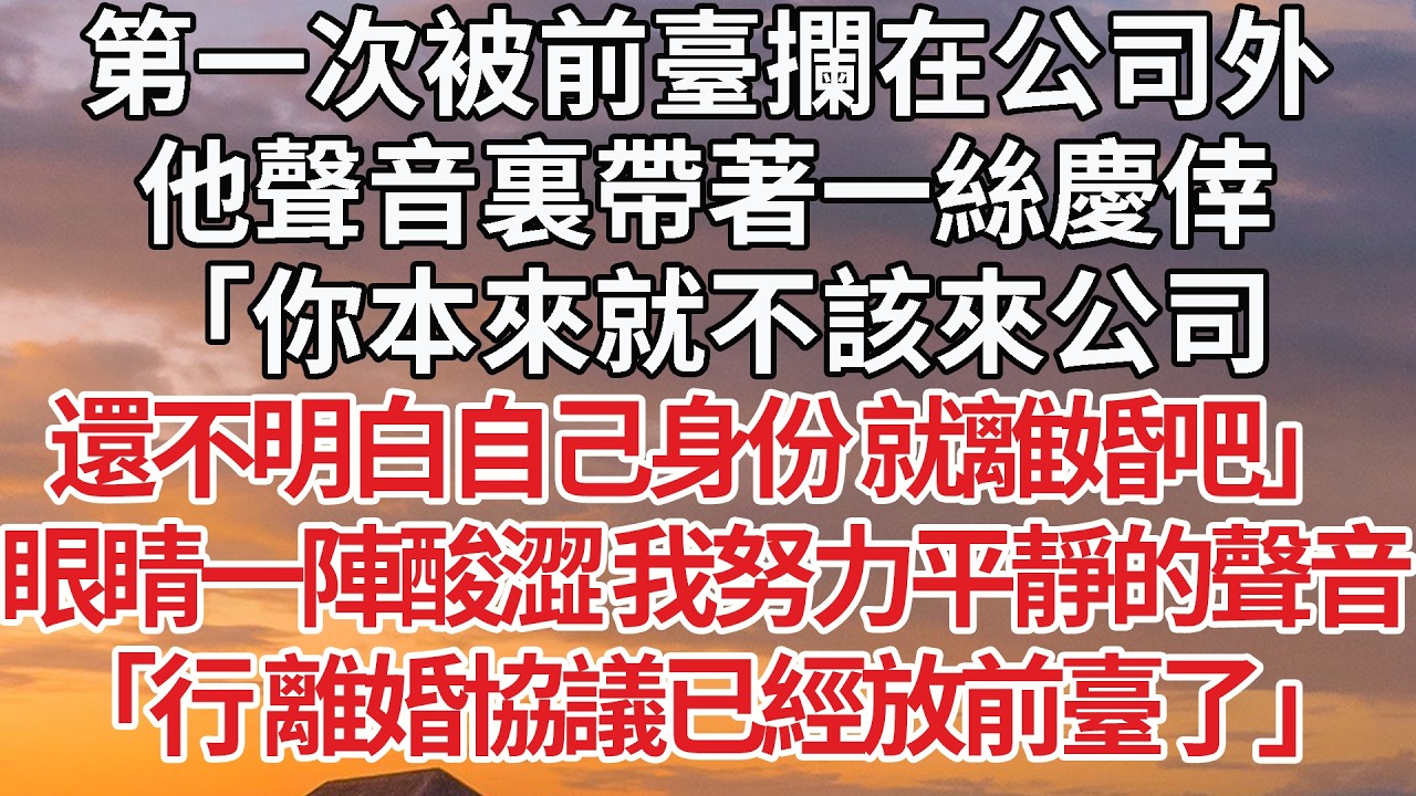【完結】第一次被前臺攔在公司外，他聲音裏帶著一絲慶倖，「你本來就不該來公司，還不明白自己身份 就離婚吧」眼睛一陣酸澀 我努力平靜的聲音，「行 離婚協議已經放前臺了」 #婚姻 #情感 #豪门