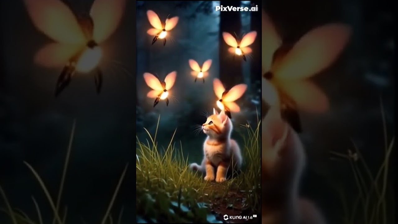 Котик в волшебном лесу ловит светлячков 