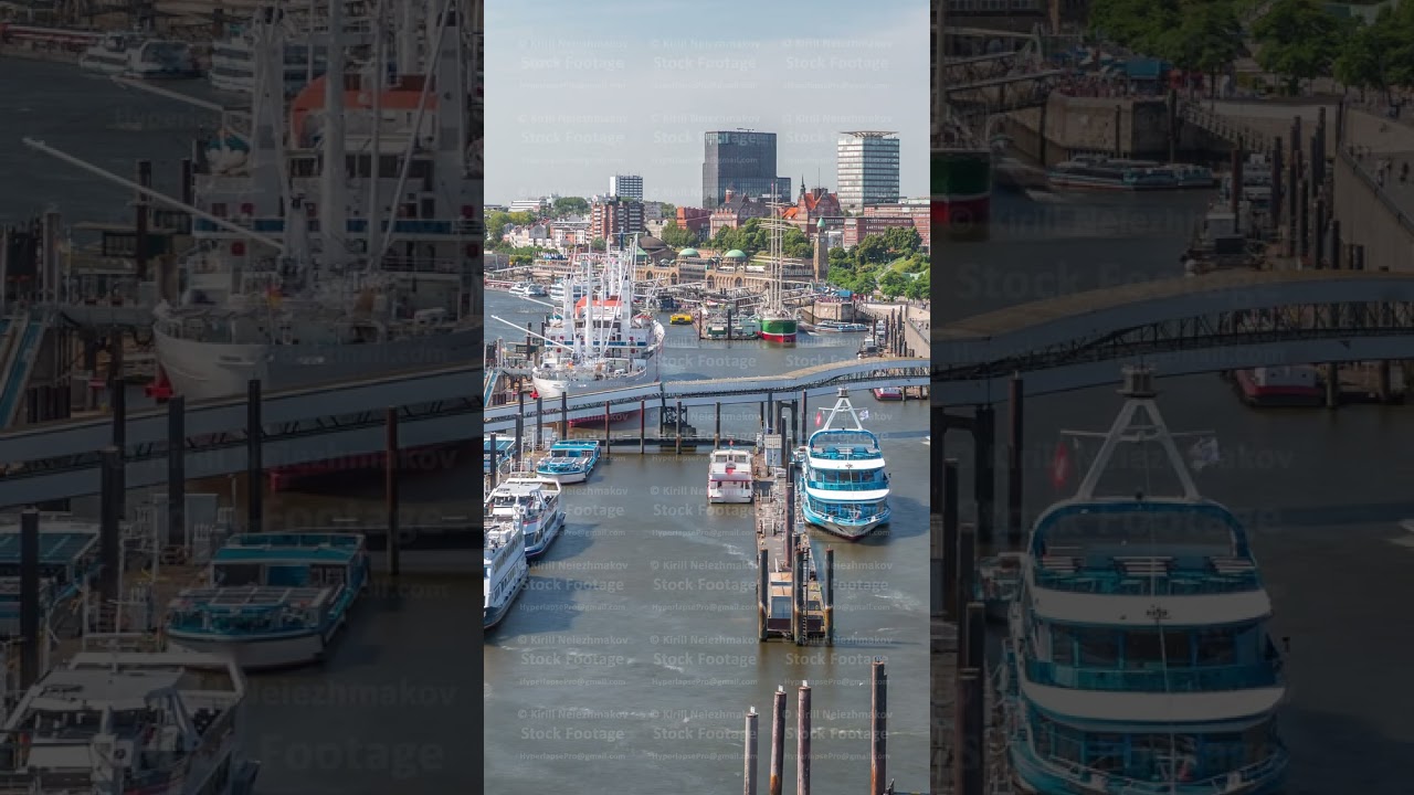 Jan Fedder Promenade aerial timelapse in Hamburg, Germany, a vibrant waterfront area.
