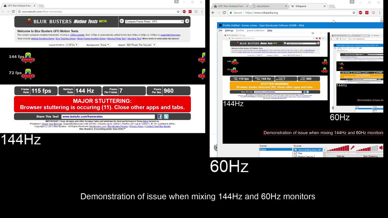144Hz 60Hz multi-monitor bug featuring Chrome and OBS